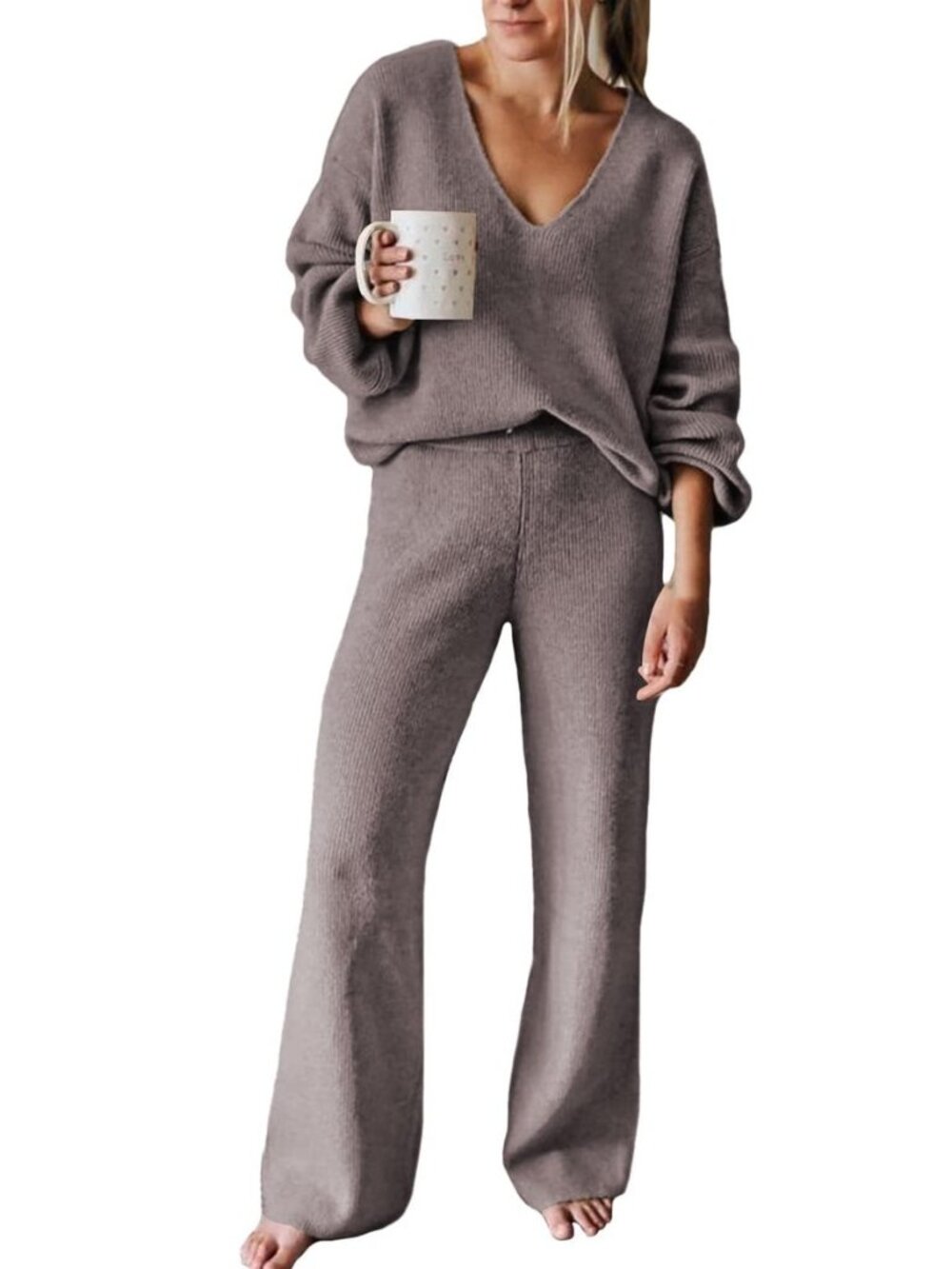 Women 2 Piece Knit Set Long Sleeve Pullover Sweater Top Wide Leg Pant Sweatsuit